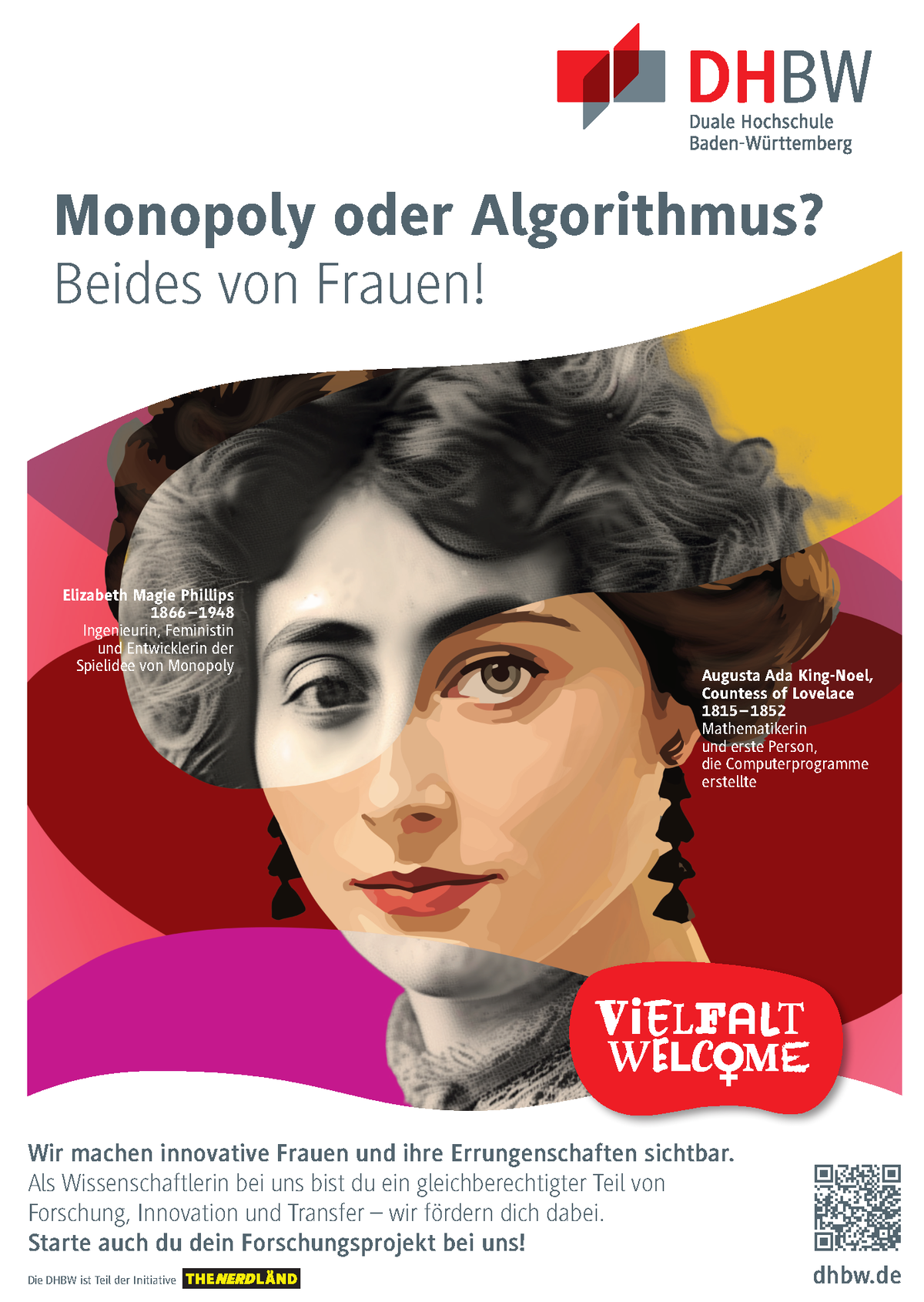 Plakat der DHBW für Wissenschaftlerinnen mit dem Slogan Monopoly oder Algorithmus, am besten beides!